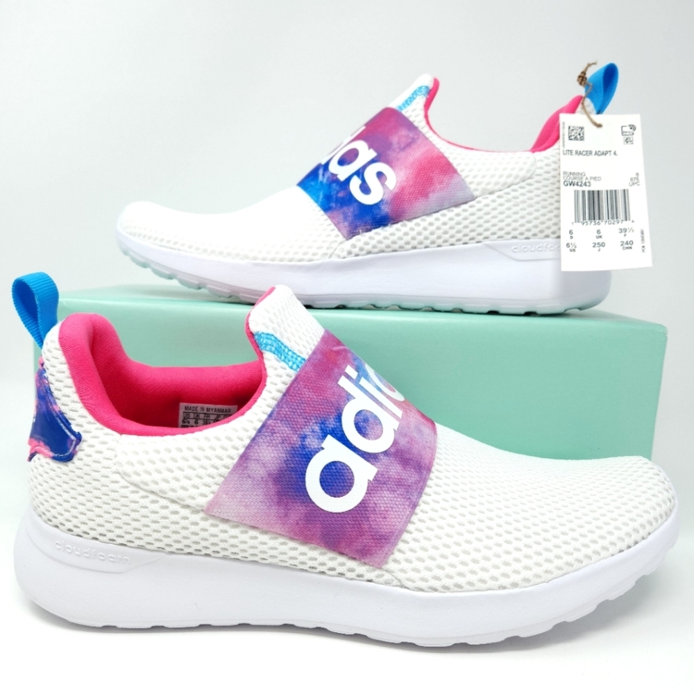 Adidas Slip On Tie Dye Gym Lite Racer Adapt 4.0, Girls size 6.5, New White Pink